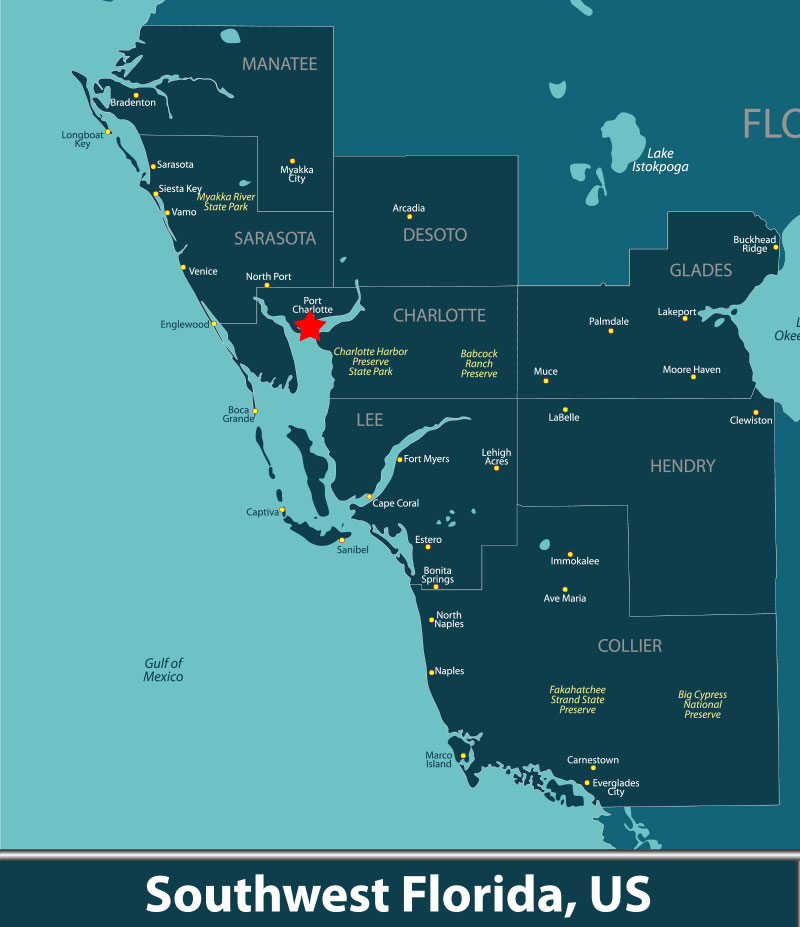 south florida map with star on Port Charlotte